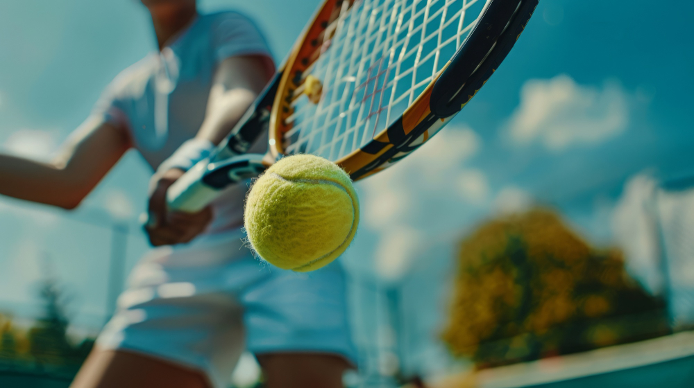 Close-up of a tennis player missing the ball with focus on the racket